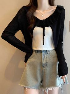 Summer 2025 Womens Ice Silk Knitted Short Thin Cardigan Large Size Fat MM Lace Trim Shoulder Shroud Top Korean Style Loose Fit