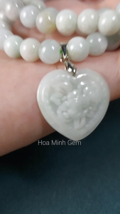 Dây chuyền chuỗi cổ 86 hạt Cẩm Thạch size hạt 7.8 li phối mặt trái tim chạm hoa hồng cẩm thạch cổ điển sang trọng | Hoa Minh Gem
