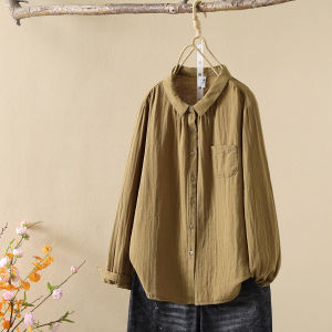 Soft Cotton Long Sleeve Shirt Womens Artistic Pointed Collar Double Layer Comfortable Skin-friendly Baby Cotton Base Top