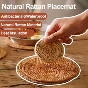 1 Pcs Set Natural Rattan Coaster Handwoven Table Mats Heat Insulation Non-Slip Round Cup Pot Mat  Placemat Kitchen Accessories