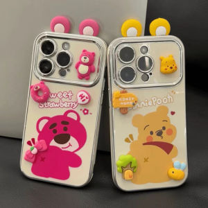 MrHaHa Casing for iphone 15 promax 15pro 15plus iPhone 16 15 14 13 12 11 Pro Max X XR Xs Max 8 7 6s Plus Cartoon Cute 3D Strawberry Bear Winnie The Pooh Electroplated Large Window Lens Phone Case Protective Silicone Shockproof Soft Back Cover