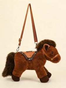 Horse-Shaped Plush Casual Shoulder Bag Brown
