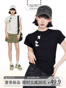 Áo Thun Nữ Tay Ngắn Ôm Vừa Vặn Màu Đen Họa Tiết Mèo Cổ Tròn Mùa Hè Thường Ngày Tay Ngắn Ngắn Dáng Thường