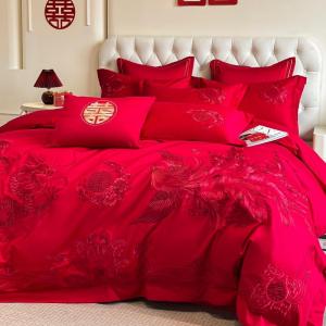 High-End Chinese Dragon and Phoenix Embroider Wedding Four-Piece Set Newly-Married Marriage Pure Cotton Bed Sheet Duvet Cover Bright Red Bedding