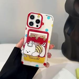 Cute Cartoon Puppy Bracket Card Holder Phone Case With Lanyard for iPhone 16 15 14 13 12 11 Pro Max XS X XR 7 8 Plus Soft Cover