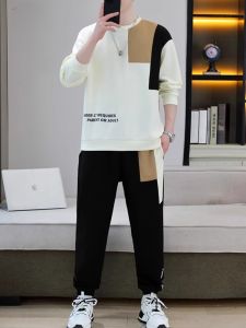 ROMON | Romon Mens Casual Sports Set Spring Fashion Round Neck Long Sleeve Hoodie Trendy Pants Two-Piece Suit Polyester Fiber Youth