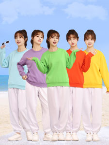 เสื้อสเวตเตอร์คอกลมแขนยาวสีลูกกวาดสำหรับการแสดง ชุดกีฬาสีสันสดใส ชุดนักเรียนมัธยมปลาย ผ้าฝ้าย ฤดูใบไม้ร่วง 2024