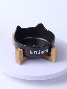 Rennas Ceramic Cat Bowl Wood Stand High Foot Guard Dog Food Bowl Anti-overturning Pet Water Bowl