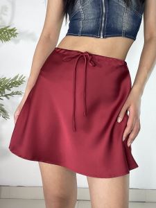 Drawstring Satin Mini Skirt Fashion Casual Loose Solid Color Belted Womens Short Skirt Drape High Waist Umbrella Skirt