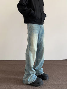 กางเกงยีนส์ทรงตรงเอวสูงสไตล์อเมริกัน CleanFit กางเกงยีนส์ทรงหลวมขาตรงทรงวินเทจสีเหลือง กางเกงขายาวทรงหลวมสำหรับผู้ชาย