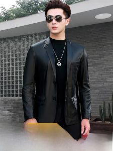 Fashionable Slim Fit Genuine Sheepskin Leather Jacket Mens Autumn Winter Stylish Motorcycle Coat Plover Brand Straight Hemline