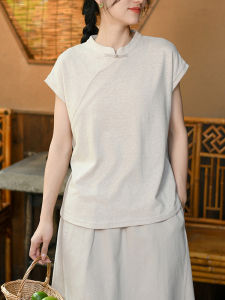 เสื้อยืดคอตั้งสไตล์จีนใหม่ เสื้อแขนกุดสั้นสไตล์ชา เสื้อผ้าทำงานฤดูร้อน แขนยาวปกติ คอตั้ง สีพื้น เส้นใยมะพร้าวจีนผสมผ้าฝ้าย