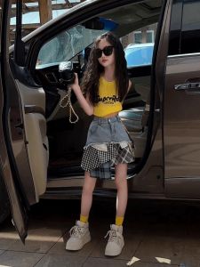 Girls Summer Ice Silk Dress Set with Denim Skirt Half Body Sweater Korean Style Childrens Clothing Pure Color Everyday Wear