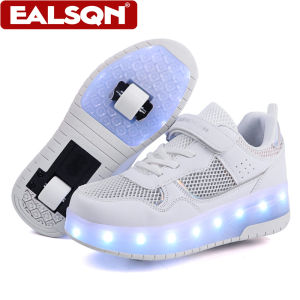 Summer Breathable Kids Light Up Sneakers Two Wheel Roller Shoes for Girls USB Rechargeable Luminous Sport Shoes Outdoor Walking