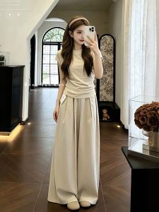 XUECAIQI | Petite Korean Style Straight Shoulder T-shirt Palazzo Pants Outfit