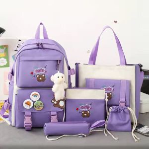 Schoolbag Female Waterproof Primary School Student Fashion Korean Style Girl Five-Piece Set Junior High School High School Large Capacity College Backpack