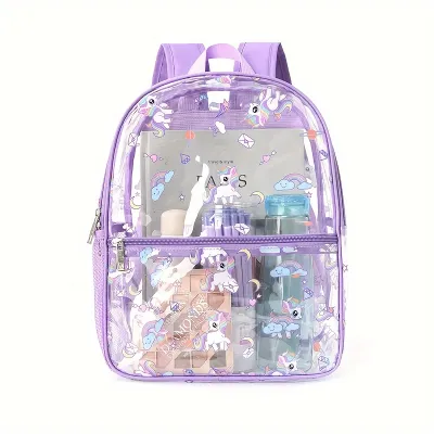 Large Capacity Transparent Printed PVC Student Backpack Waterproof Double Shoulder Bag Storage Bag Fresh Sweet Style Cartoon...