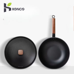 Konco 30cm Iron Wok Chinese Traditional Flat Pan for Gas Cooker and Induction Cooker Non-stick Non-rust Cookware