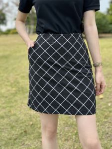 CJLINDF | Hand Pockets Mid-length Golf A-line Skirt with Diamonds Stripes Quick Drying High Waist