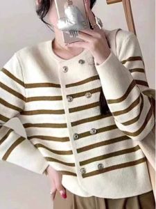 French Stylish Elegant Retro Knit Sweater with Stripe Round Neck