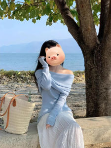 YUEZHONGWEI | Fashioin French Style One-Shoulder Slim Fit Long-Sleeve Blue Sweater
