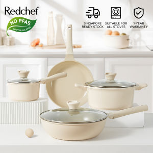 Redchef Nonstick Ceramic Rock White/Grey 7 Pcs Cookware Set Non  PFAS& PTFE& PFOA Suitable for All Stoves  Wok Frying Pan Casserole Milk pot