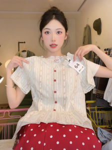 Sweet Style Short Sleeve T-Shirt Womens round Neck Lace Splice Sleeve Shortened Doll Shirt Korean Version Slim Fit Cotton Blend