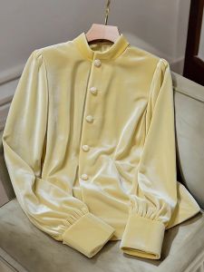 New 2025 Spring Chinese Style Long Sleeve Yellow Velvet Shirt Unique Beautiful Commute High Waist Straight Cut Large Size Womens Shirt