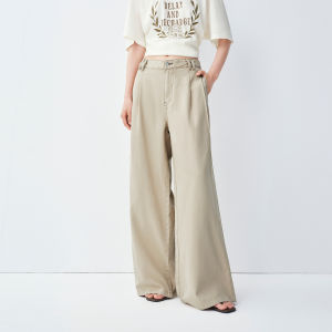 PEACEBIRD | Summer New Loose Wide Leg Straight Jean Pants Khaki