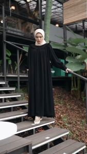 Angaouen - Kasuari Dress 004 Muslim Outfit Wanita Gamis Hitam Dewasa Lengan Panjang Tangan Karet