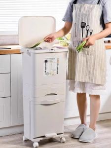 Japanese Style Kitchen Waste Bin Large Capacity No Bending down with Cover Mobile on Wheels Wet And Dry Separation Home Use