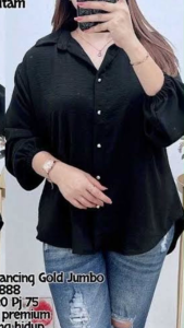 Atasan Kemeja Wanita Bahan Crinkle Kancing Gold Lengan Karet Kekinian
