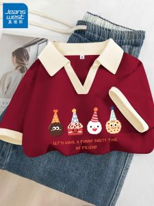Jeanswest Womens Summer Short Sleeve Polo T-Shirt Casual Fashion Red Streetwear Cotton Print Top Versatile Street Style