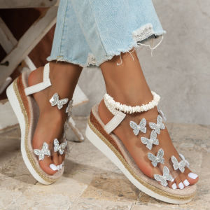 The New European and American Style Platform Bottom Round Toe Butterfly Transparent One-line Women's Large Size Wedge Sandals