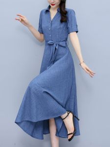 Slim Fit Cotton Linen Short Sleeve Dress V Neck Waist Cinched Summer New Style Korean Version round Neck a Line Skirt Dress