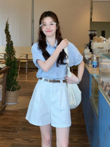 YUEZHONGWEI | Áo sơ mi cổ polo tay ngắn màu xanh dành cho nữ mùa hè thiết kế cảm giác nhỏ gọn chuyên nghiệp cao cấp cảm giác áo sơ mi