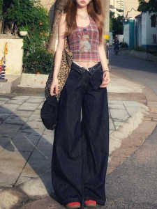 Retro American High Street Loose Wide Leg Denim Jeans Womens Summer High Waist Straight Tube Long Pants Deep Color Washed