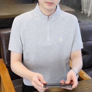 HENGYUANXIANG | Hengyuanxiang Mens Casual Short Sleeve T-Shirt Thin Half Zipper Summer Simple Fashionable Printed Breathable Standard Fit Cotton Polyester