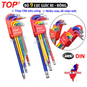 Bộ 9 cây lục giác bi - hoa thị xi màu hãng TOP PRO.TOOLS siêu bền bộ chìa lục giác bông mai có lỗ âm thép C60 cao cấp siêu cứng (Tiêu chuẩn công nghiệp ANSI DIN) bộ khoá lục giác chìm đa năng vặn buloong ốc vít bộ bông hoa thị