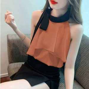 Áo Sơ Mi Voan Hở Vai Mùa Hè Phong Cách Hàn Quốc Thời Trang Không Tay Dáng Rộng Cổ Tròn Màu Trơn Tay Áo Không Có Khóa Kéo Dài Thường