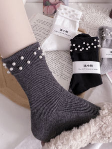 K-style Flanging Pearl Socks Childrens Tube Socks Pure Color Cotton Fall and Winter Sweet Matching Small Leather Shoes Pile Style Cute Wild