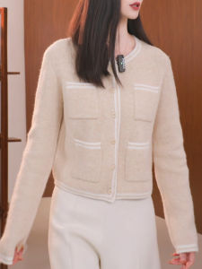 QINGNAER | French Elegant Luxury Short Round Neck Color Blocked Cardigan