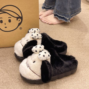 Cute Butterfly Knot Plush Slippers Womens Winter Outdoor Wearable Warm Puppy Velvet Home Indoor Slippers Sweet Style