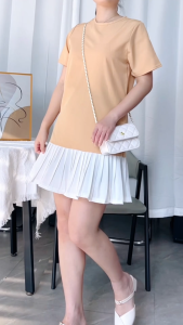 Korean Fashion Womens Color Matching Age-reducing Sweet Pleated Pleated Dress Short 7006
