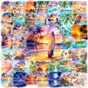 50/100 Pcs Watercolor Tropical Beach Theme Stickers PET Clear Waterproof DIY for Phone Suitcase Helmet Diary Cup Laptop Guitar