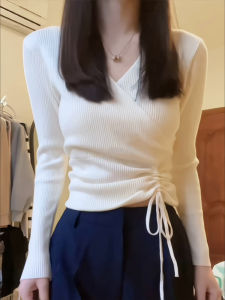 White V-neck Knitted Base Shirt Short Waist-Cut Womens T-shirt Spring Autumn Fashionable Inner Wear Korean Style Slim Fit