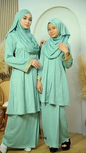Baju Muslimah Raya Sedondon Ibu Anak | Kebarung Riau Tijani Sedondon Ibu Anak | Baju Raya Sedondon Tak Perlu Gosok | Kebarung Riau Tijani 19.0 (Ironless) | Baju Raya Muslimah Kebaya Kebarung Labuh Ibu Anak