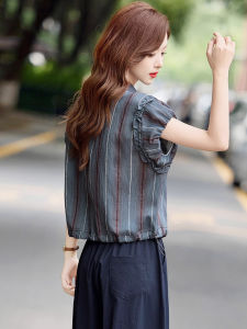 WANGGONGZHU | Elegant Womens Short Sleeve Striped Shirt Summer Design Sense Minority Fashion Temperament Lyocell Short Top Princess Style