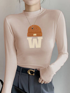 เสื้อยืดแขนยาวผู้หญิง เสื้อเชิ้ตชั้นในแบบหนา อบอุ่น ทรงสลิมฟิต เสื้อเชิ้ตคอตั้ง แฟชั่น เสื้อเชิ้ตผ้าฝ้ายผสมโพลีเอสเตอร์