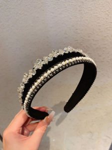 K-style Trendy Rhinestone Pearl Headband Womens Fancy Western Style Fashion Rhinestone Sponge Wide Edge Hair Hoop Velvet Headband